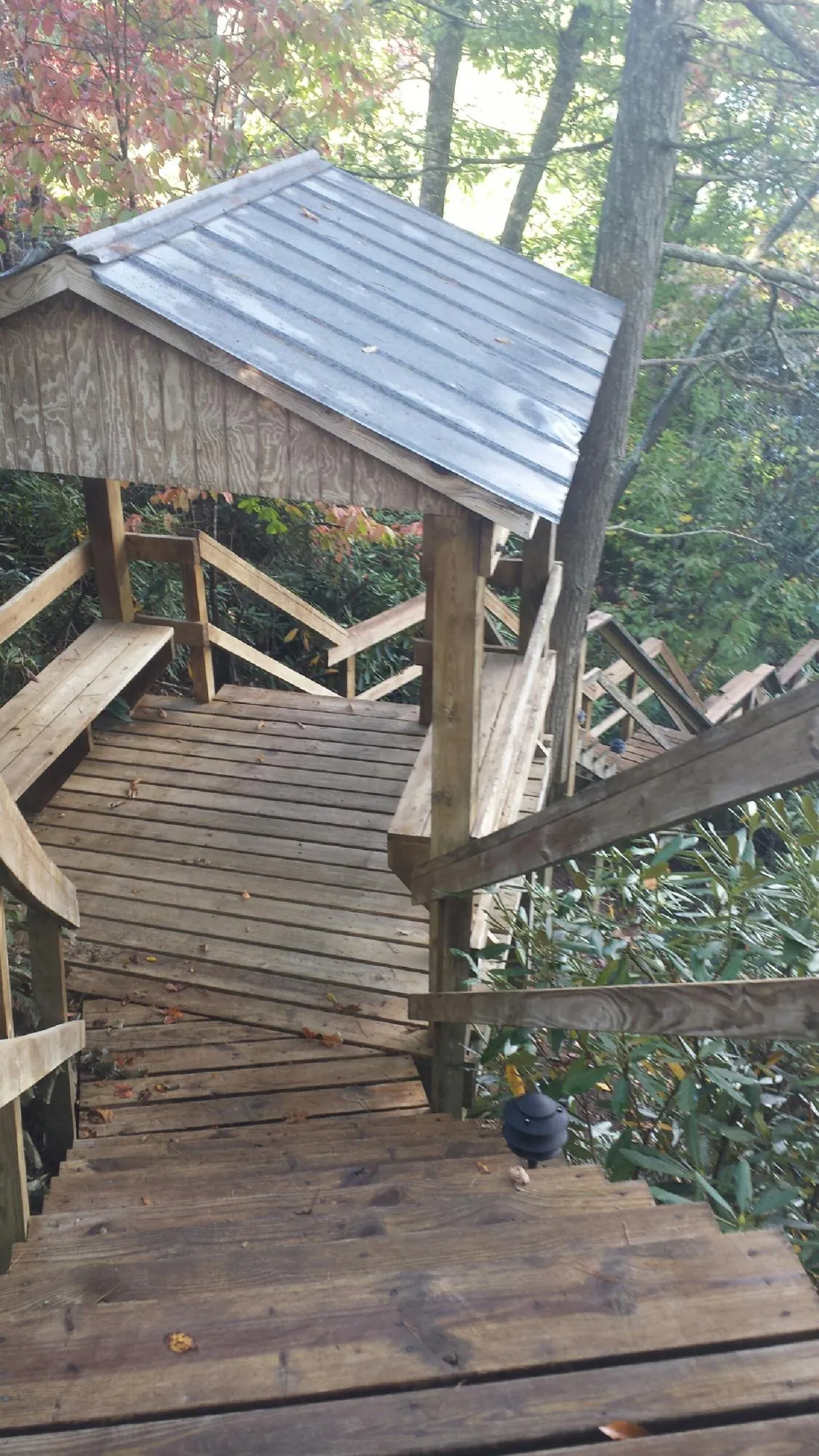 Metal roofed shelter over wooden steps on a wooded walkway — Skylight Repair & Installation work by our crew in Mondamin